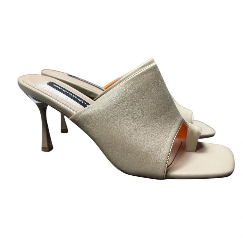 French Connection Beige Square-Toe Slip-On Heels Vegan Leather – Size 8.5